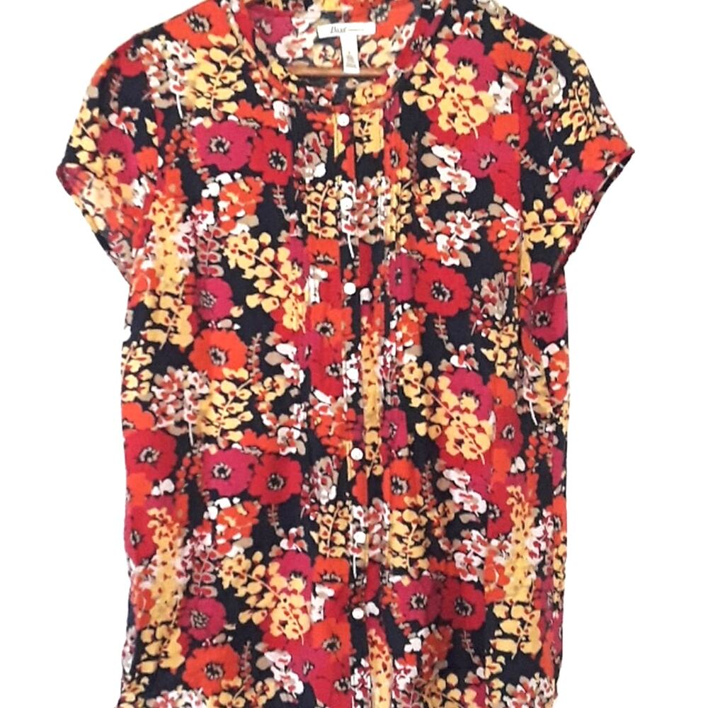Women Sz L Fairy Whimsigoth Fairy Floral Lightweight Button Down Cap Sleeve Top